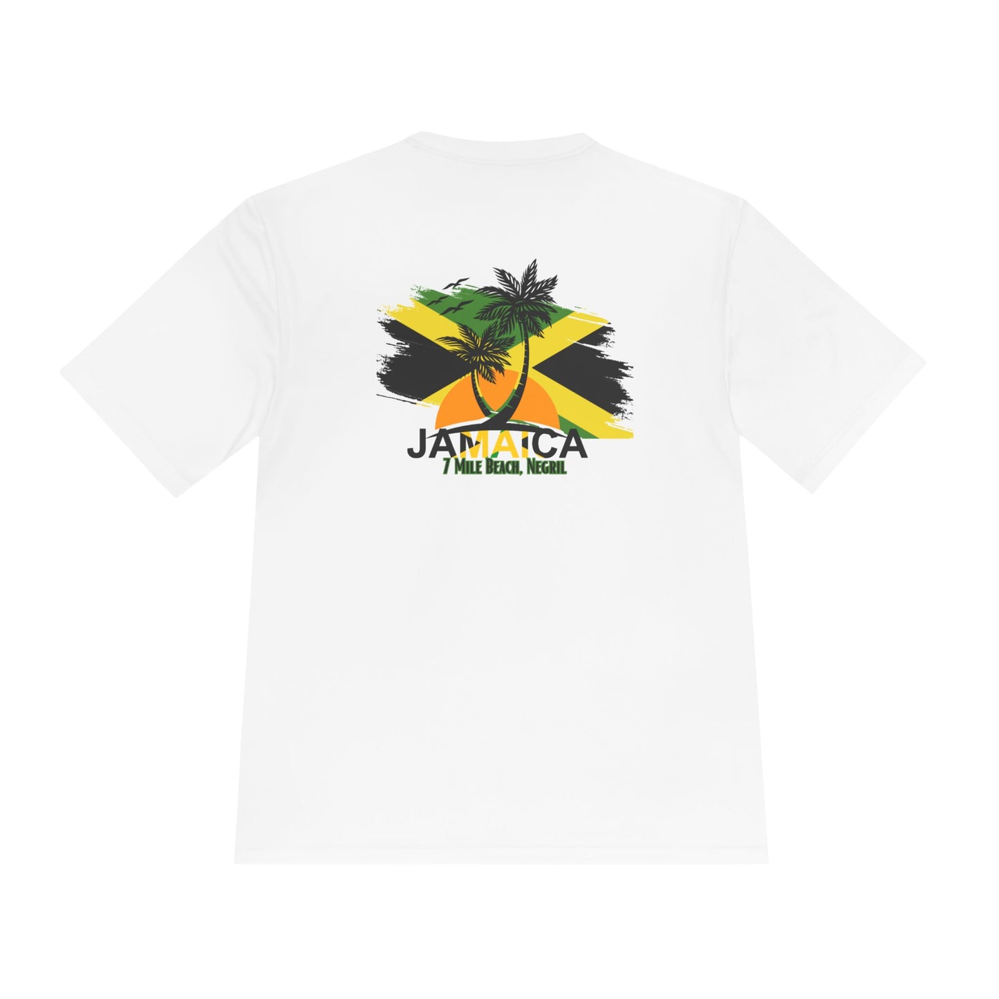 White t-shirt with 'Jamaica' and palm tree design on a white background