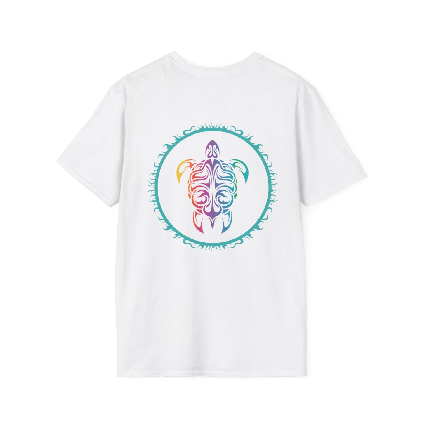 White t-shirt with a colorful turtle design on a white background