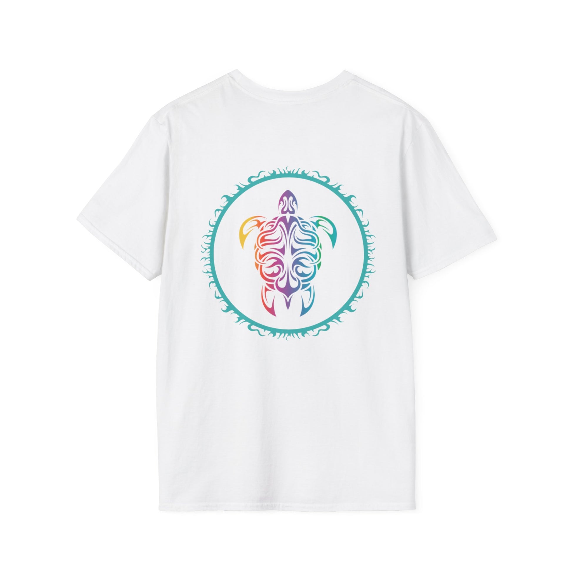 White t-shirt with a colorful turtle design on a white background